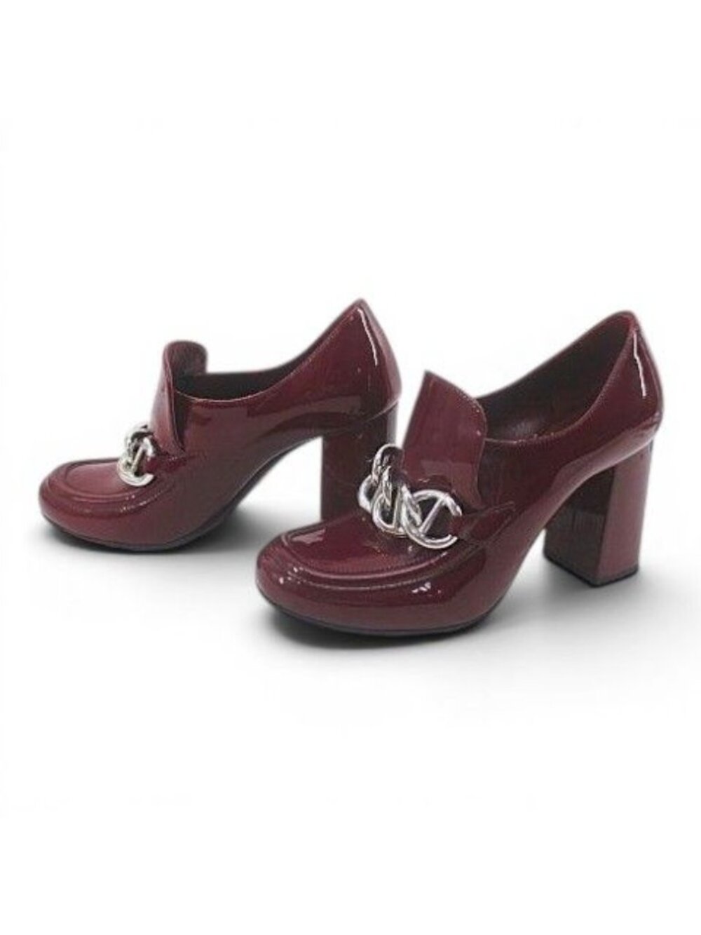 Prada Heels Loafers Silver Chain 35 Bordeaux Enamel - Picture 2 of 8